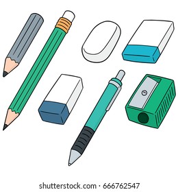 vector set of pencil, eraser and pencil sharpener