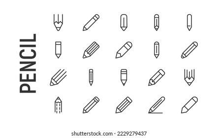 Vector set of pencil thin line icons. Design of 20 stroke pictograms. Signs of pencil isolated on a white background.
