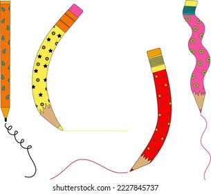Vector set of pencils of different shapes and colors on a white background, writing utensils, cartoon style