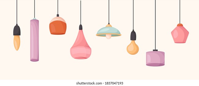 Vector Set of Pendant Lamps Hanging on a Cable. Modern Chandeliers.Electric Illumination Elements in cartoon style.decorative objects of the Interior.isolated on beige background.