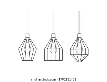
Vektorsatz von Anhängerlampen. Moderne Kronleuchter mit Wunde in Form und Stil. Die Leistung der Lampen. Blanks für flache Illustrationen.
Draht- und Metallkronleuchter. 