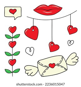 Vector set of pendants with hearts, lips, simple hearts line art, twigs with leaves and hearts, SMS, envelope with wings. Hand-drawn doodle elements isolated on a white background.