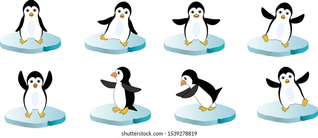 Vector set of penguins doing sports exercises.Cartoon characters are used.Can be used for prints on baby cloth wrapping paper and postcards.