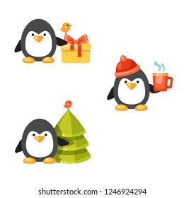 Vector set of penguins with a gift box, a cup of hot tea and a tree. Cute christmas card. Cozy winter illustration. Cartoon animal.