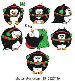 Vector set of penguins. Penguins in headphones and scarves with different emotions. Emotions of love, anger, joy, fun, sadness, treachery among penguins. Winter set of birds.