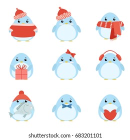 Vector set penguins in warm clothes with different subjects: fish, cap, scarf, gift, heart, bow. Cartoon cute illustration 
