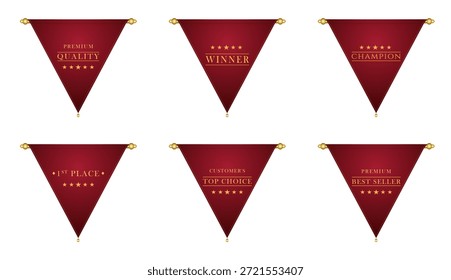 Vector conjunto de insignias de premio en forma de banderín con Elementos dorados y diferentes textos: calidad premium, ganador, campeón, primer lugar, la mejor opción de Cliente y best seller premium. Aislado sobre fondo blanco.