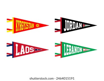 Vector set pennants of countries in Asia. Kyrgyzstan, Jordan Laos, Lebanon