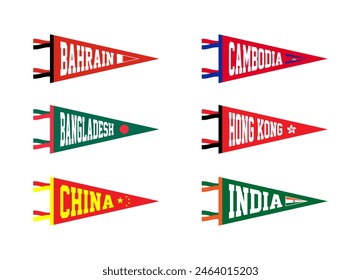 Vector set pennants of countries in Asia. Bahrain, Cambodia, Bangladesh, Hong Kong, China, India