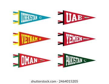 Vector set pennants of countries in Asia. Uzbekistan, UAE, Vietnam, Yemen, Oman, Pakistan