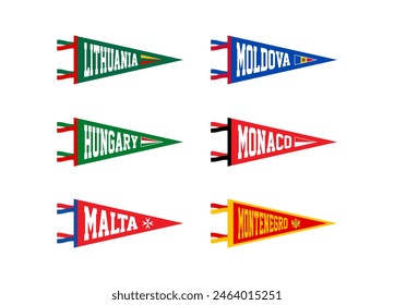 Vector set pennants of countries in Europe. Lithuania, Moldova, Hungary, Monaco, Malta, Montenegro