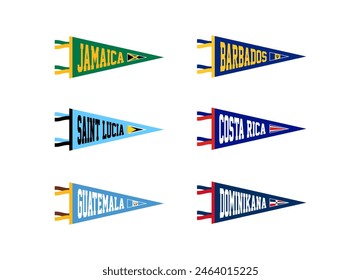 Vector set pennants of countries in North America. Jamaica, Barbados, Saint Lucia, Costa Rica, Guatemala, Dominikana