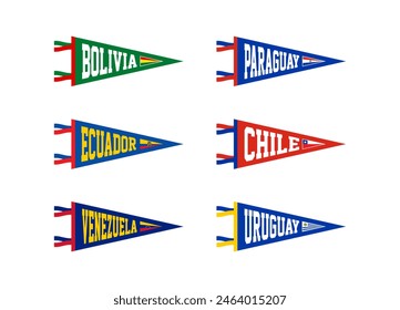 Vector set pennants of countries in South America. Bolivia, Paraguay, Ecuador, Chile, Venezuela, Uruguay