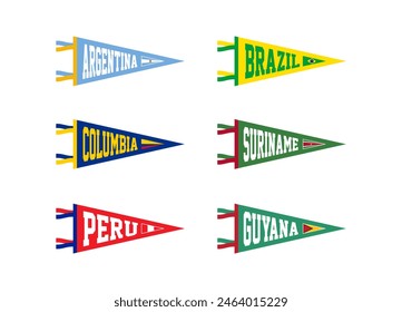 Banderines de Vector de países de Sudamérica. Argentina, Brasil, Colombia, Surinam, Perú, Guyana