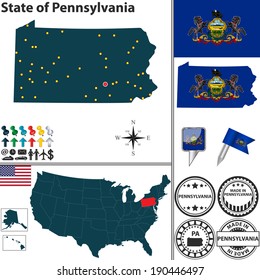 Vector set of Pennsylvania state with flag and icons on white background