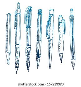 Vector set of pens and pencils in doodle style.