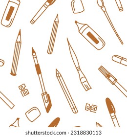 Conjunto vectorial de lapiceros, lápices, pinceles y otros. Patrón sin problemas con artículos de papelería. Fondo con accesorios de escritorio. 
Bien por el diseño textil, papel envolvente, papel pintado.