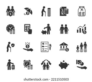 Vector set of pension flat icons. Contains icons retirement plan, money deposit, inheritance, pension fund, savings, investments, pension payment, allowance and more. Pixel perfect.