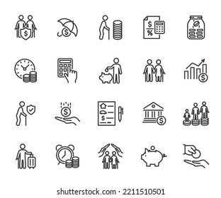 Vector set of pension line icons. Contains icons retirement plan, money deposit, inheritance, pension fund, savings, investments, pension payment, allowance and more. Pixel perfect.