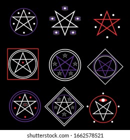 Conjunto de vectores con un pentagrama sobre fondo negro