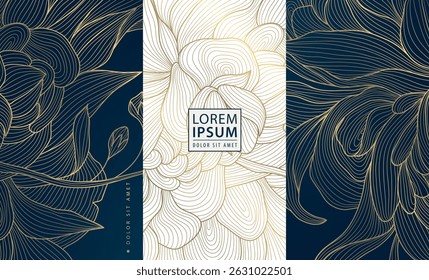 Vektorsatz aus Pfingstrosen, wellige Etiketten, goldene Blumenmuster. Blätter Linie abstrakte Natur Ornament. Königliches Paket, elegante kosmetische Illustration