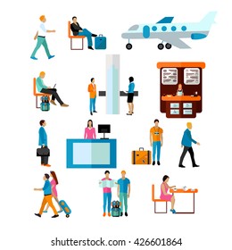 Vector set of people in airport isolated on white background. Passengers in airport icons and design elements.