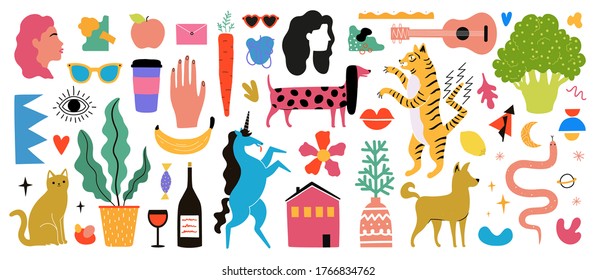 Vector con personas, animales, mascotas, ukulele, vino, plantas, verduras y frutas. Colección de diseño abstracto con elementos de color. Elementos de impresión de moda para tarjetas y carteles