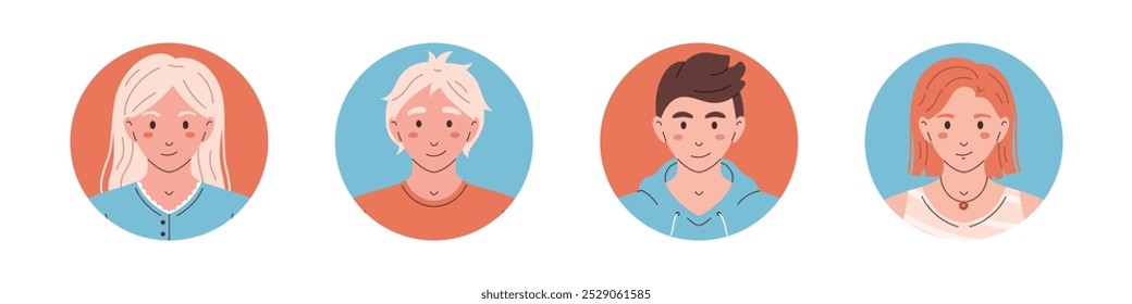 Vector conjunto de avatares de personas en círculos. Retratos de la cabeza de los personajes en diseño plano. Colección de iconos redondos de avatar. Diferentes niñas y niños sonrientes.