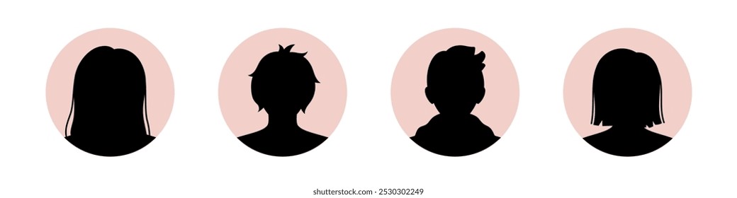 Vector conjunto de avatares de personas en círculos en silueta. Personajes de negocios en diseño plano. Colección de iconos redondos de avatar. Silueta negra de cabezas humanas.