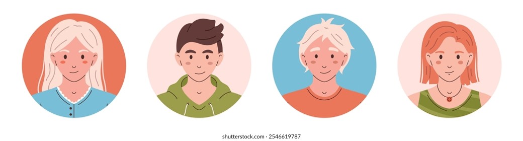 Vector conjunto de avatares de personas en círculos. Los personajes adolescentes encabezan retratos en diseño plano. Lindas niñas y niños sonrientes. Avatar ronda Icon colección.