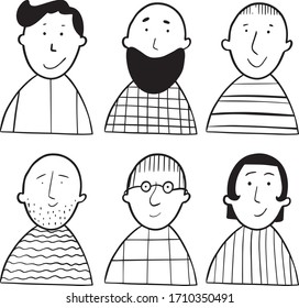 Vector set of people avatars for social networks, site. Doodle portraits of fashionable men and guys. Trendy hand drawn icon collection. Black and white vector illustration. Mustache and Beard. Strip