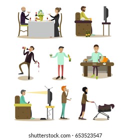 Vector set of people with bad habits isolated on white background. Alcoholic, addicts, tobacco smokers, tramp, tv zombie flat style design elements, icons.