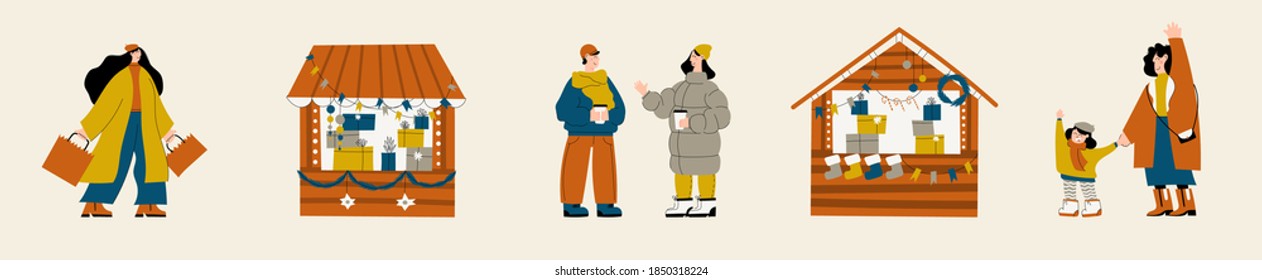 Juego de vectores de personajes de la gente con escenas de vacaciones en el mercado navideño o feria al aire libre de vacaciones en la plaza del pueblo. Hombre y mujer comprando, comprando regalos, bebiendo vino mulado, saludándose entre ellos
