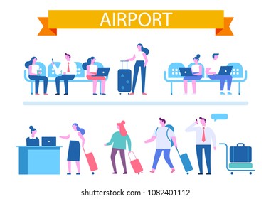 Vector set of people characters isolated on white. Men and women sitting and walking in airport terminal. Infographics elements. Flat vector illustration.