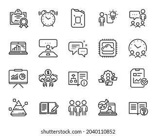 Vector set of People chatting, Graph laptop and Pyramid chart line icons set. Alarm clock, Report checklist and Certificate icons. Cloud computing, Canister oil and Sharing economy signs. Vector