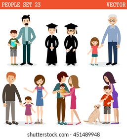 Vector set of people with children on a white background. Parents, children, grandmothers and grandfathers
