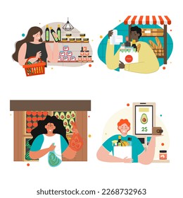 Vector set of people choosing food in grocery shop