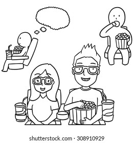 vector set of people in cinema with drink and popcorn