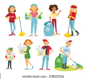 Vector set of people cleaning, gathering plastic for recycling