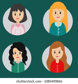 vector set of people different girls with color hair icons of females isolated on green background