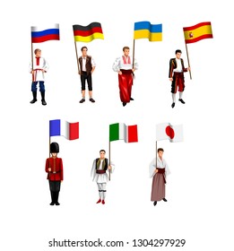 vectores de personas de diferentes nacionalidades con banderas de Ucrania, China, España, Alemania, Rusia, Italia, Francia