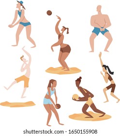 The vector set of people of different races playing volleyball