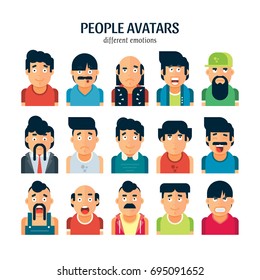 Vector set of people expressing facial emotions isolated on white background. Happy and depressed male faces. Flat design illustrations. Geometric people.