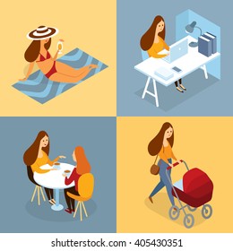 Vector set of  people, flat design, situations including working, vacation, spare time, meeting with friends