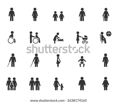 Vector set of people flat icons. Contains icons man, woman, boy, girl, baby, elderly, disabled, blind, pregnant and more. Navigation, medical, gender signs.