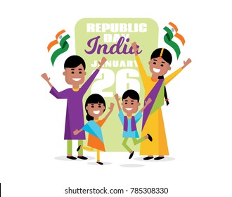 vector set of people in a flat style, the Indian family celebrates the day of the republic. vector graphics for the national holiday and the day of the Republic of India on January 26.