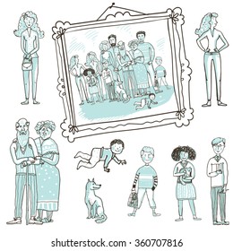 Vector Set People. A Framed Photograph Of A Happy Extended Family. Father, Mother, Children, Grandparents, Uncle, Nephew, Teens, Kids, Pets, Twins. Sketch. Isolated Objects.