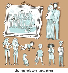Vector Set people. A framed photograph of a happy extended family. Father, pregnant mother, children, grandparents, uncle, nephew, teens, kids, pets, twins,brother, sister. Sketch. Objects isolated.
