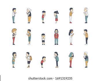 vector set of people greeting to the other with prayer position. Wai Thai  greeting collection. 