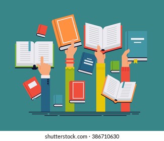 Vector set of people hands holding books. People reading books abstract concept layout. Ideal for book, reading themed banners, posters and flyers